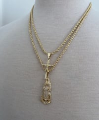 Image 4 of 20” & 22”  rope chain set with Iced out St. Mary pendant and cross Necklace set (Gold Plated)