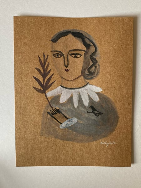 Image of 11. Original work on brown paper (lady with autumn leaf)