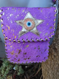 Image 6 of Woodstock cross body/ passport bag -Purple with gold and peach star
