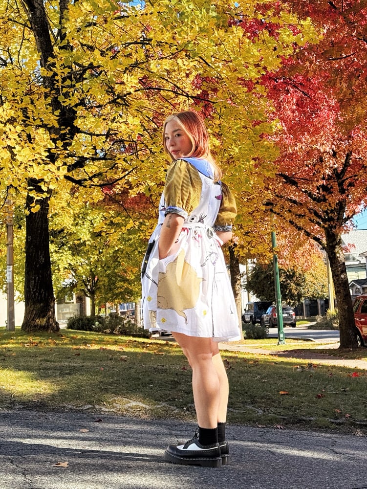Image of Collared Puff Sleeve Dress — Halloween Yellow Stripes