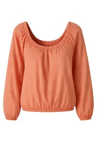 Image 1 of Women's Gingham Peasant Top, Orange and White Checkered Pattern, Long Sleeve, Elastic Neckline 