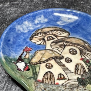 Image of Stoneware Spoon Rest - Charming Mushrooms with Gnome on a Handmade Spoon Rest