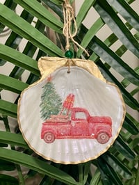 Image 1 of Red Truck Scallop Shell Ornament