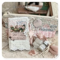 Image 1 of sewing zipper purse and needle book and tiny glass bottle of vintage buttons and French lace