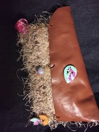 Image 1 of Brown leather envelope style clutch bag with beige crochet front with famous clay button closure