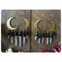 Image 1 of Brass Moon Chandelier Earrings - Black Leather 
