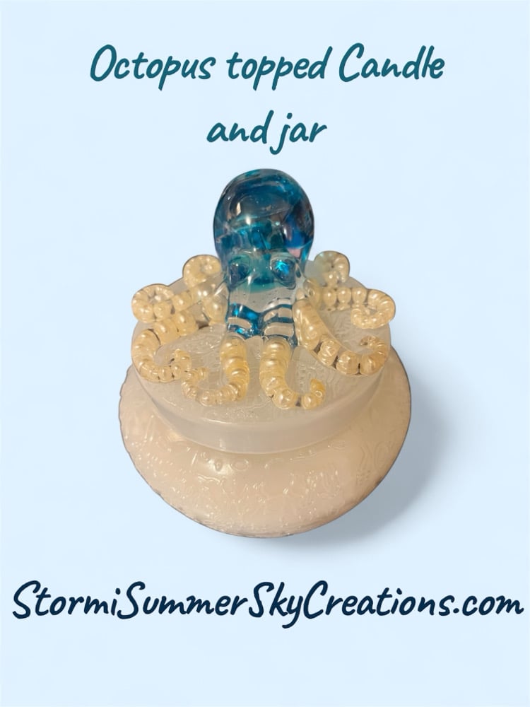 Image of White Candle Jar with Octopus Topper, Sandalwood Scent
