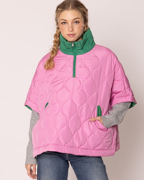 Image of Pink and Green Quilted Puffer Poncho