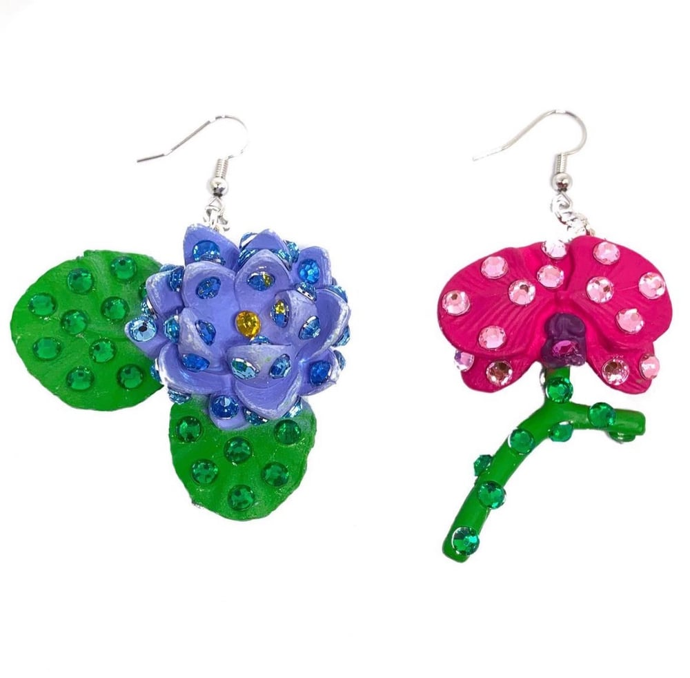 Image of Asymmetrical Blinged Flower Earrings