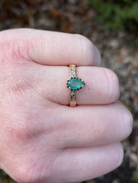 Image 4 of 14k gold emerald halo engagement ring with engraved vine band