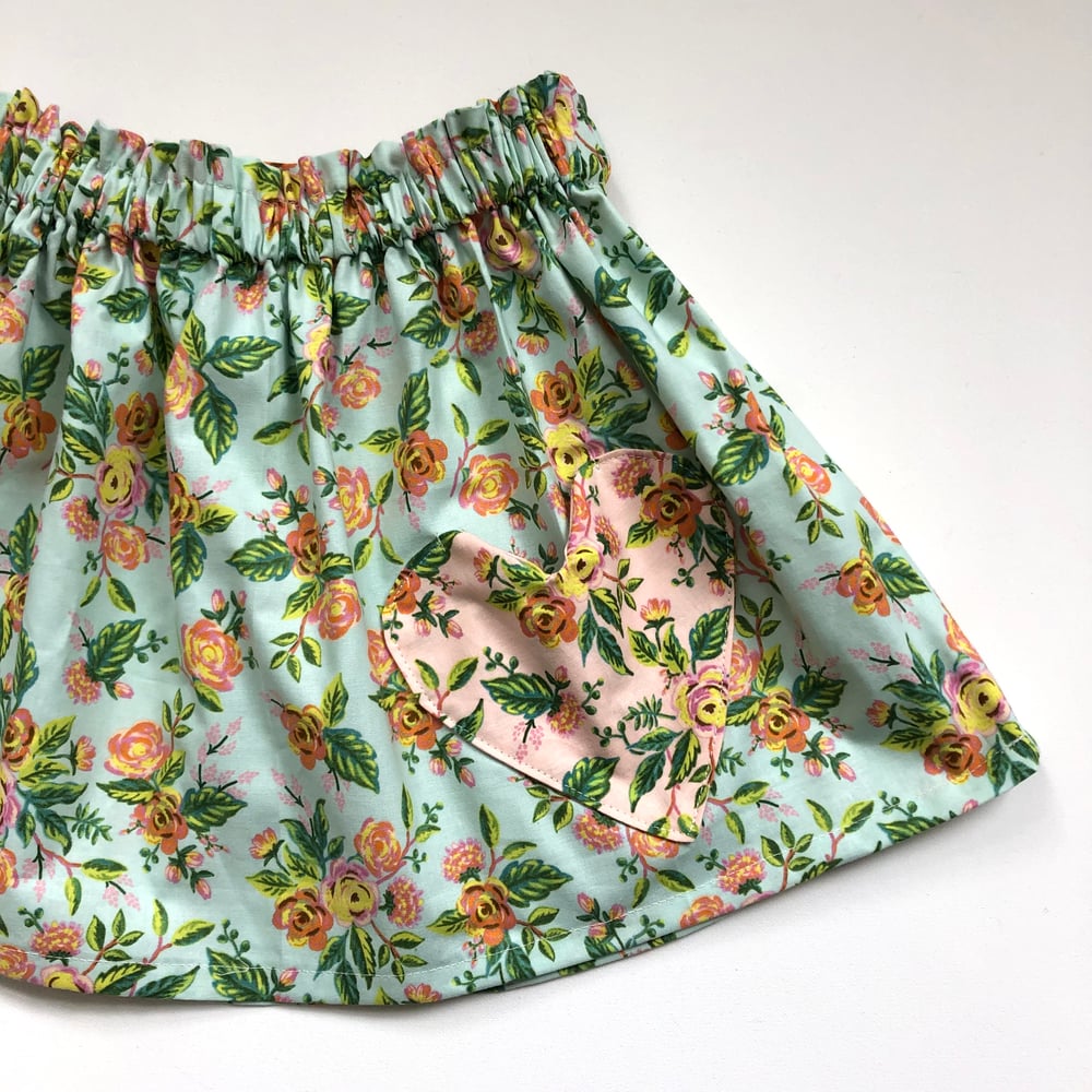 Image of Girl's Love-ly Patch Pocket Skirt - Rifle Paper Co. - Mint & Pink Floral