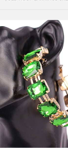 Image of GOLD HOOP EARRINGS GREEN STONES