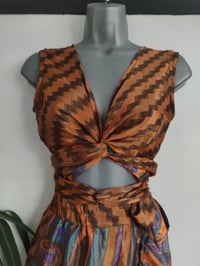 Image 6 of Pasha Co ord set top and frill wrap skirt tan and purple 