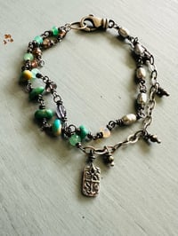 Image 2 of double strand grey pearl turquoise and gemstone charm bracelet