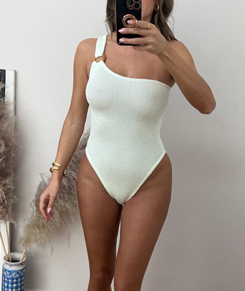 Image of Cream Crinkle Asymmetric Ring Onepiece 