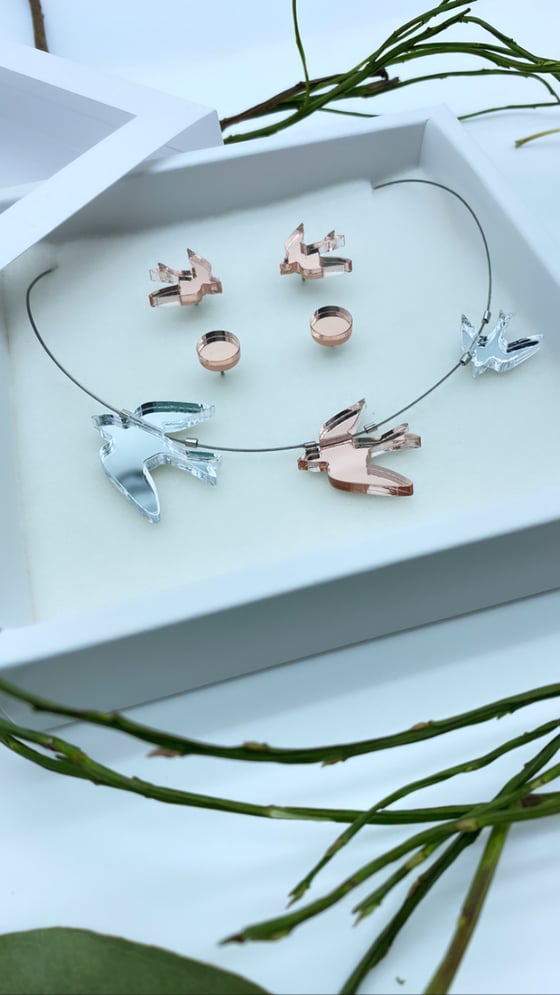 Image of Stříbrný X Rose Gold zrcadlový Náhrdelnik Ptáčci