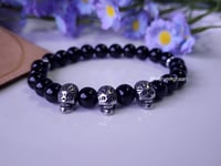 Image 3 of Gothic Men Black Onyx Skull  Bracelet/ Beaded Skull Stretch Bracelet