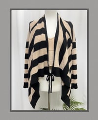 Image 1 of 360 CASHMERE Black and Tan waterfall collar long sleeve tie front sweater