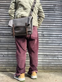 Image 7 of Leather messenger with folded top in oiled leather Musette Satchel with adjustable shoulderstrap