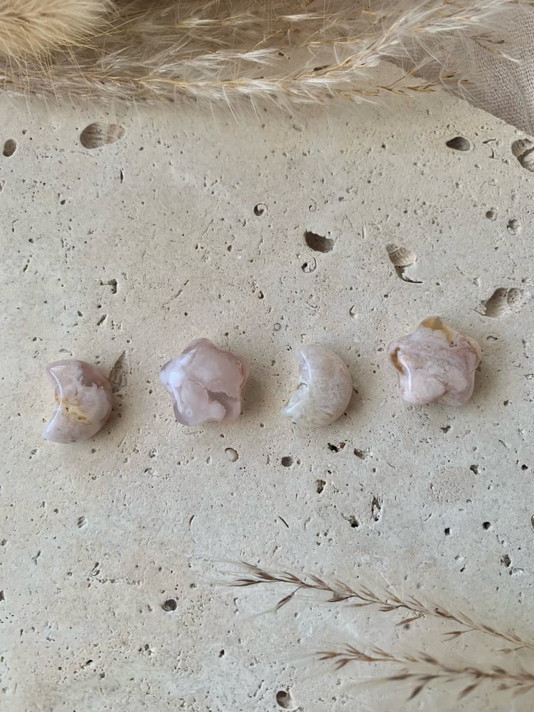 Image of Mini Flower Agate Moon and Star Carvings 