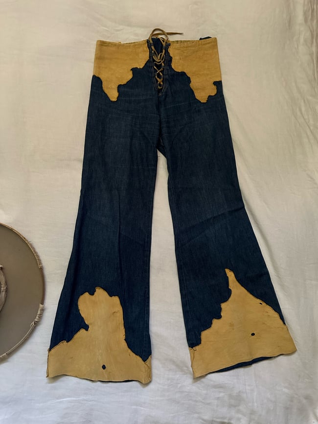 early 1970s leather and denim lace up bell bottom jeans