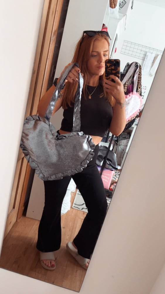 Image of Silver Metallic Ruffle Heart Tote – Futuristic Y2K Glam