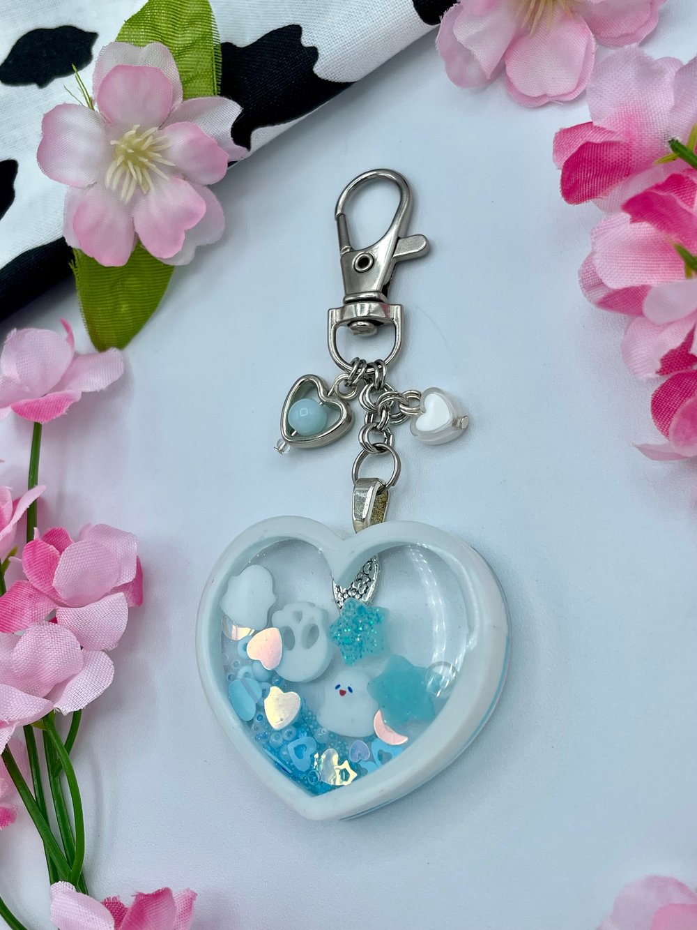 Image of Keychain - White Heart with Blue Goodies