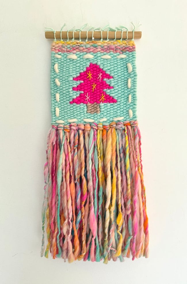 Pink Christmas tree & candy yarn. Woven wall hanging.
