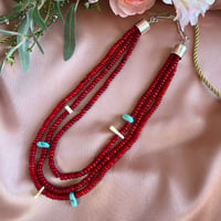 Image 1 of 3 strand coral, fossilized ivory & turquoise necklace