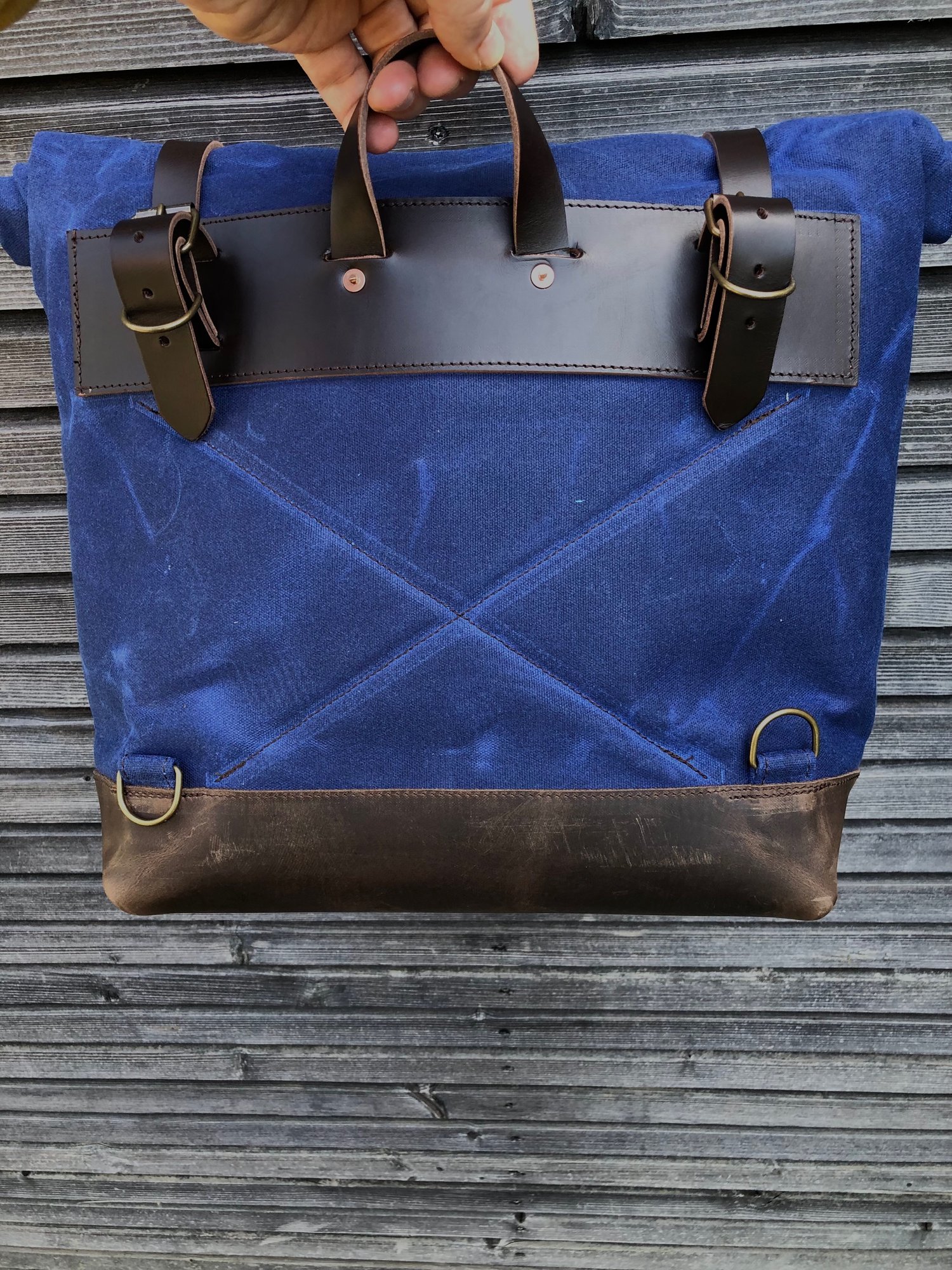 Image of Motorcycle bag in waxed canvas waterproof with leather base