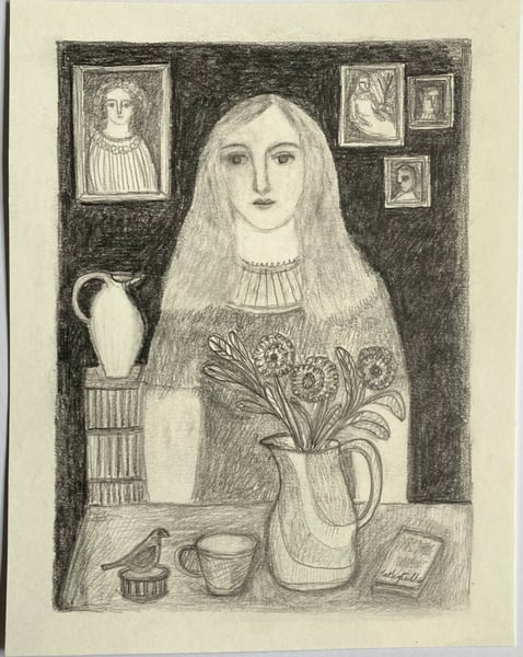 Image of woman at a table with book and bird - original drawing