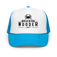 Image 4 of Brackish Wooder Foam Trucker Hat – Black Logo with Chesapeake Blue Crab | Snapback Mesh Cap