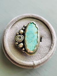Image 1 of Number 8 Turquoise Ring with Sterling Roses And Pearls. Size 9