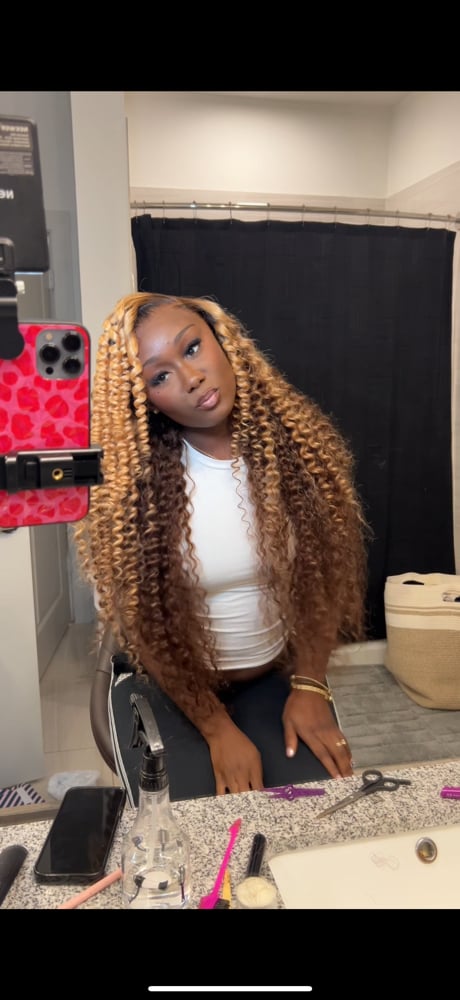 Image of Honey Blonde Curly Deepwave Frontal 30 Inch W/  Brown Roots