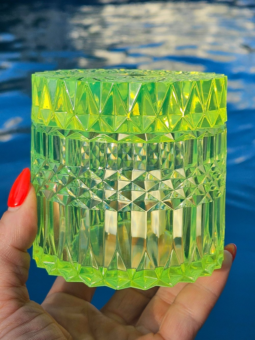 Image of Vaseline Glass Inspired Diamondcut Jar 