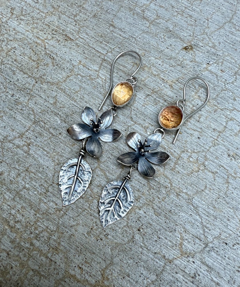 Image of Apple Blossom Flower and Leaf Statement Earrings