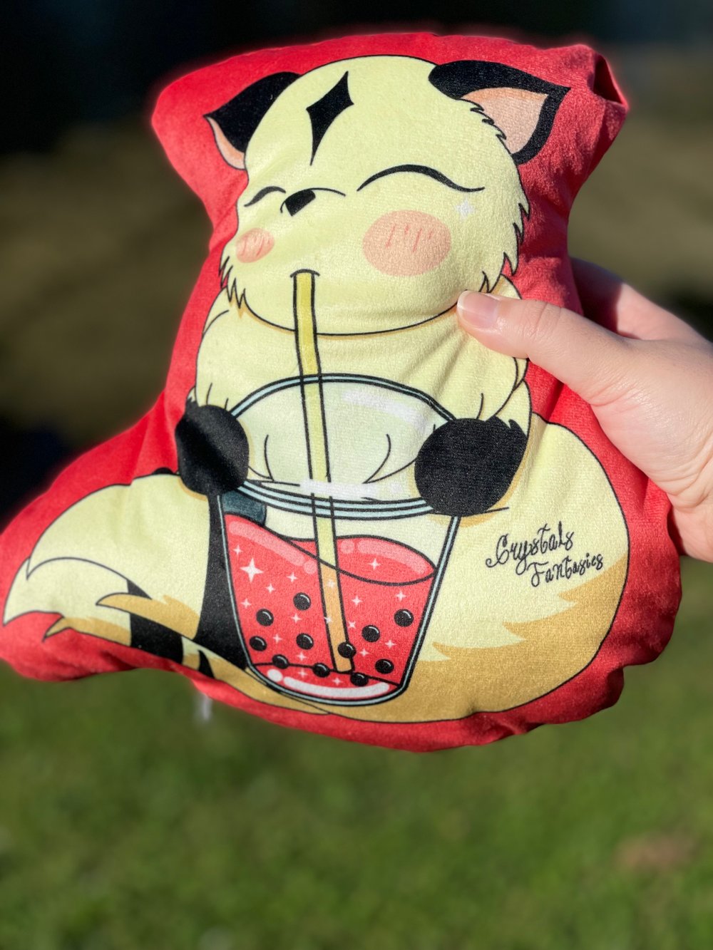 Image of Two Tailed Majestic Kitty Drinking Boba Plush Pillow & Acrylic Keychain