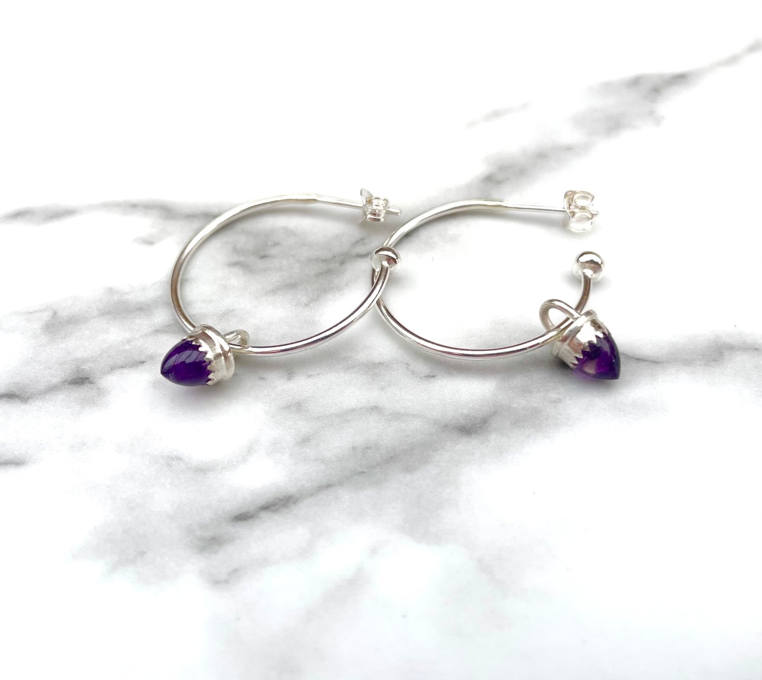 Image of Handmade Amethyst Bullet Sterling Silver Hoop Earrings 925