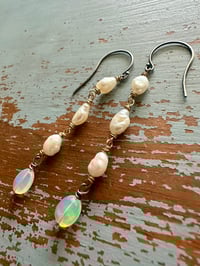 Image 2 of sterling and 14k gold pearl opal dangle earrings