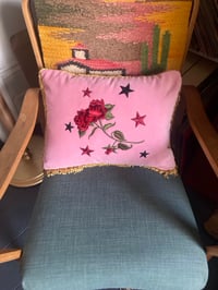 Image 3 of Pink velvet, red rose cushion with stars and gold fringe