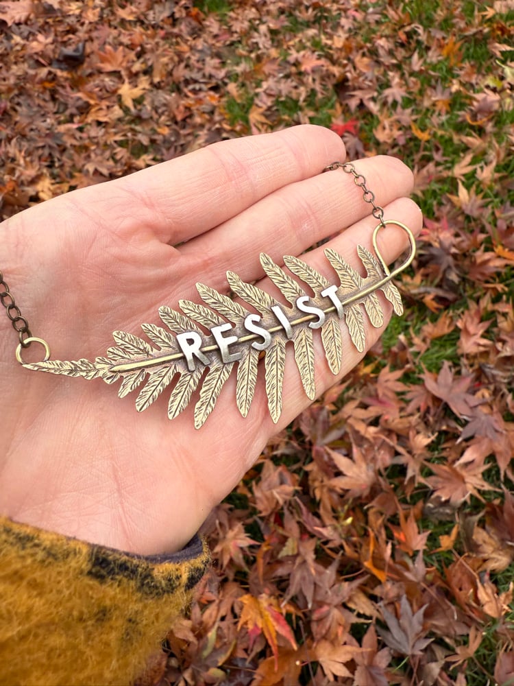 Image of LARGE Mixed Metal Licorice Fern "RESIST" Necklace
