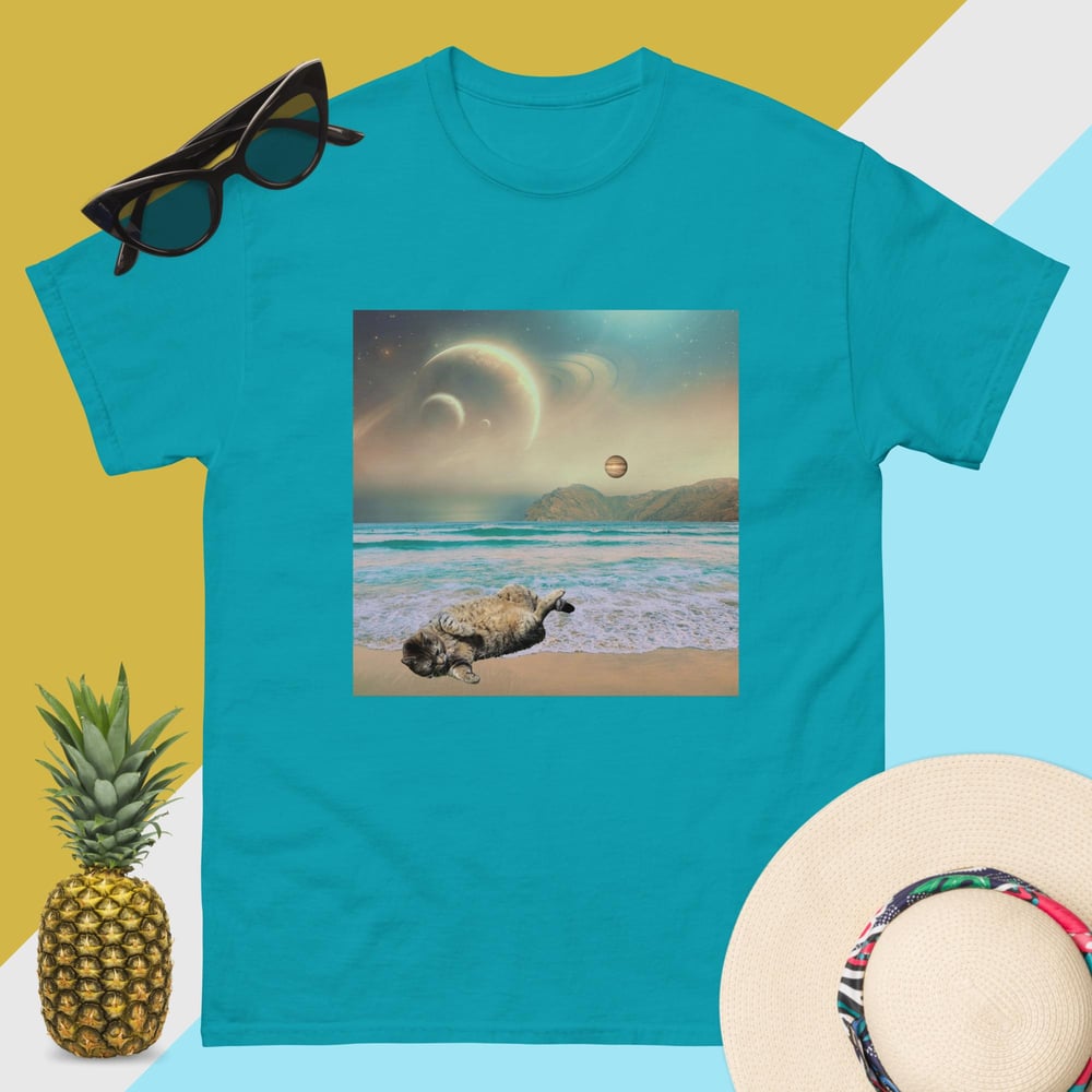 Image of Cat Chilling  on a Space Beach - Unisex Classic Fit T-Shirt