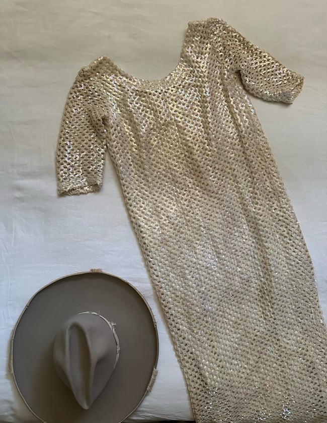 late 60s plunging low back champagne sequin crochet maxi dress