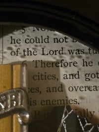 Image 4 of 2way- Black oval frame - bubble glass with preserved web, 1800s Bible page and crucifix 