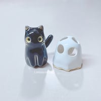 Image 1 of Black Kitty Cat With Ghost Mask Ceramic Figurine 2