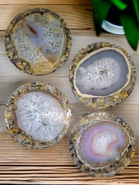 Image 2 of Set of 4 Agate & Rutilated Quartz Crystal Resin Coasters With Holder 'The Light'