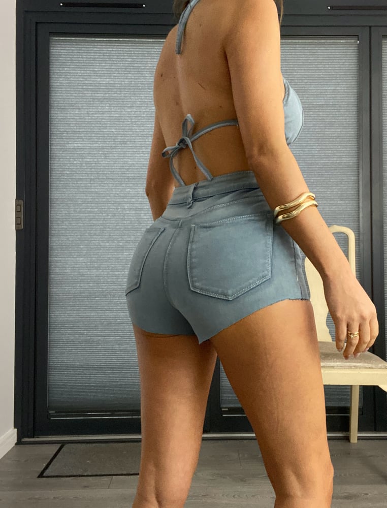 Image of Triangle Bralet & Hot Pant Co-Ord in Blue Denim 