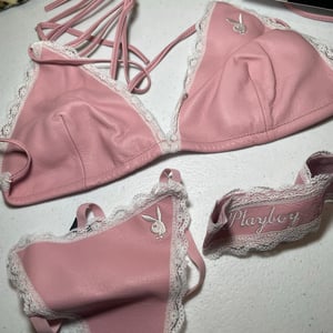 Image of DEADSTOCK PLAYBOY LEATHER LINGERIE SET PINK SUEDE