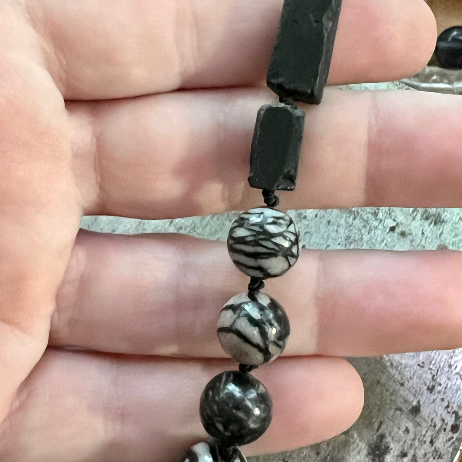 Image of Black Spider Web Jasper & Tourmaline Hand-tied Necklace