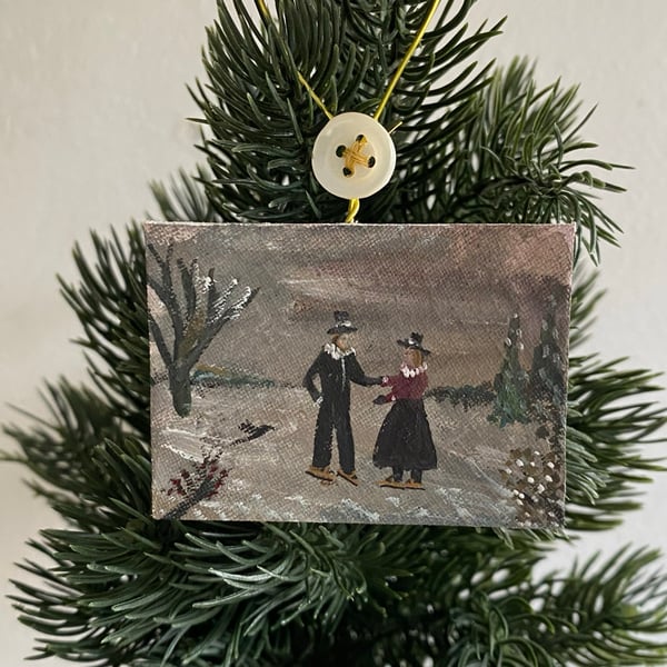 Image of A couple skating in winter landscape - miniature painting 